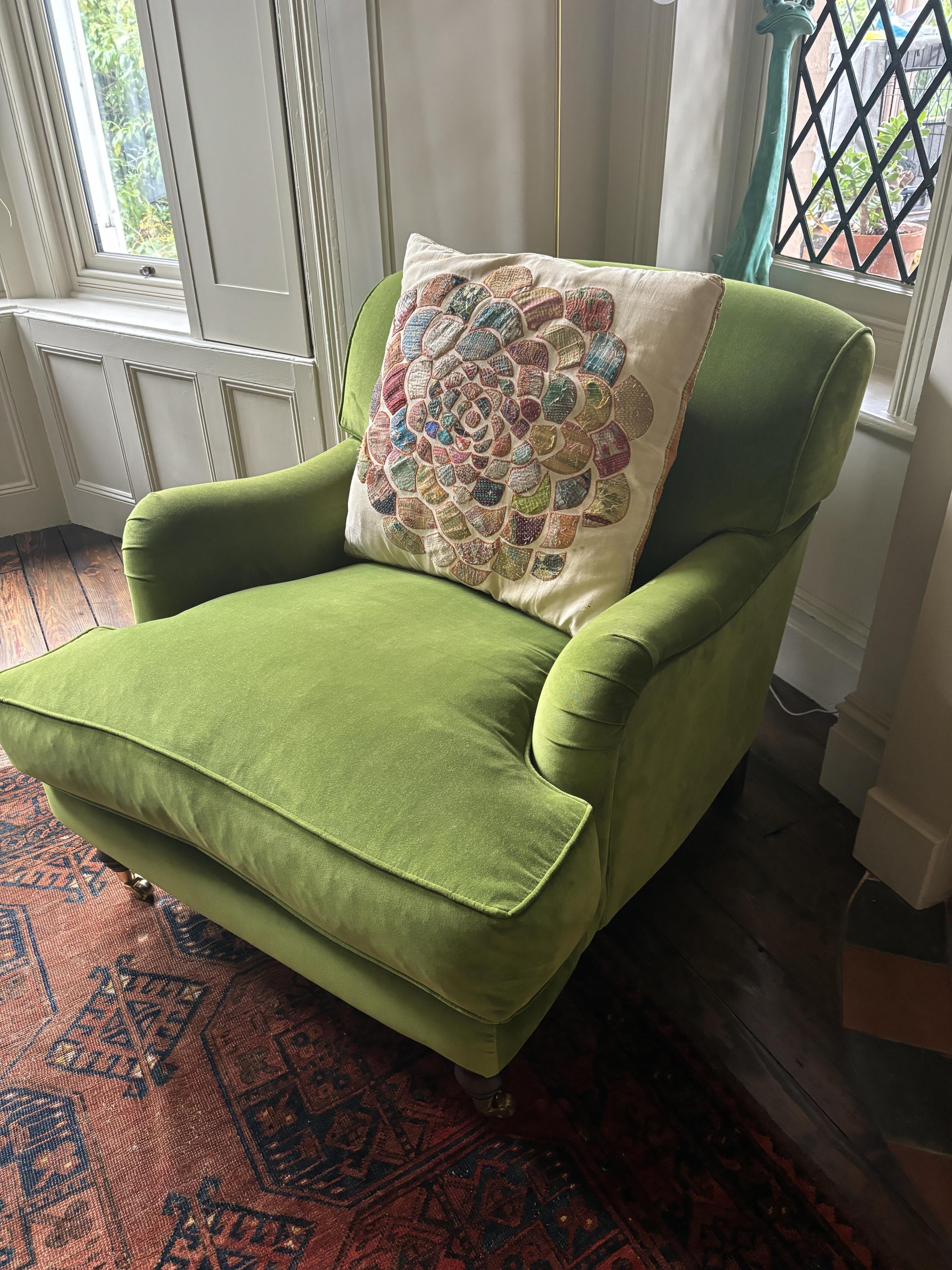 A Sofa Workshop 'Lady May' English roll arm green velvet club armchair, Howard style, seat generously feather filled, width 90cm, depth 110cm, height 84cm seat height 48cm. Condition - very good